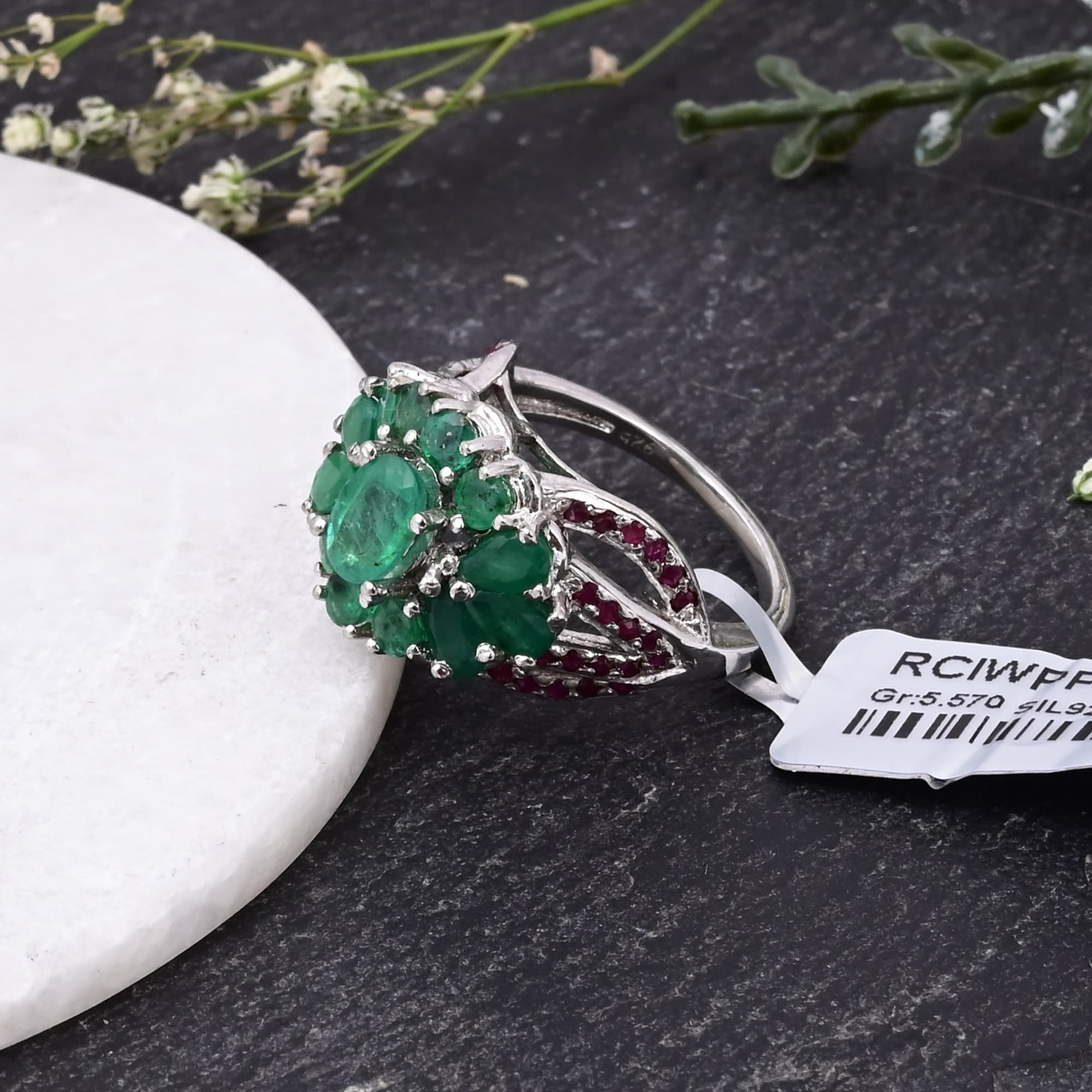 Emerald Blossom Ruby Accent Ring