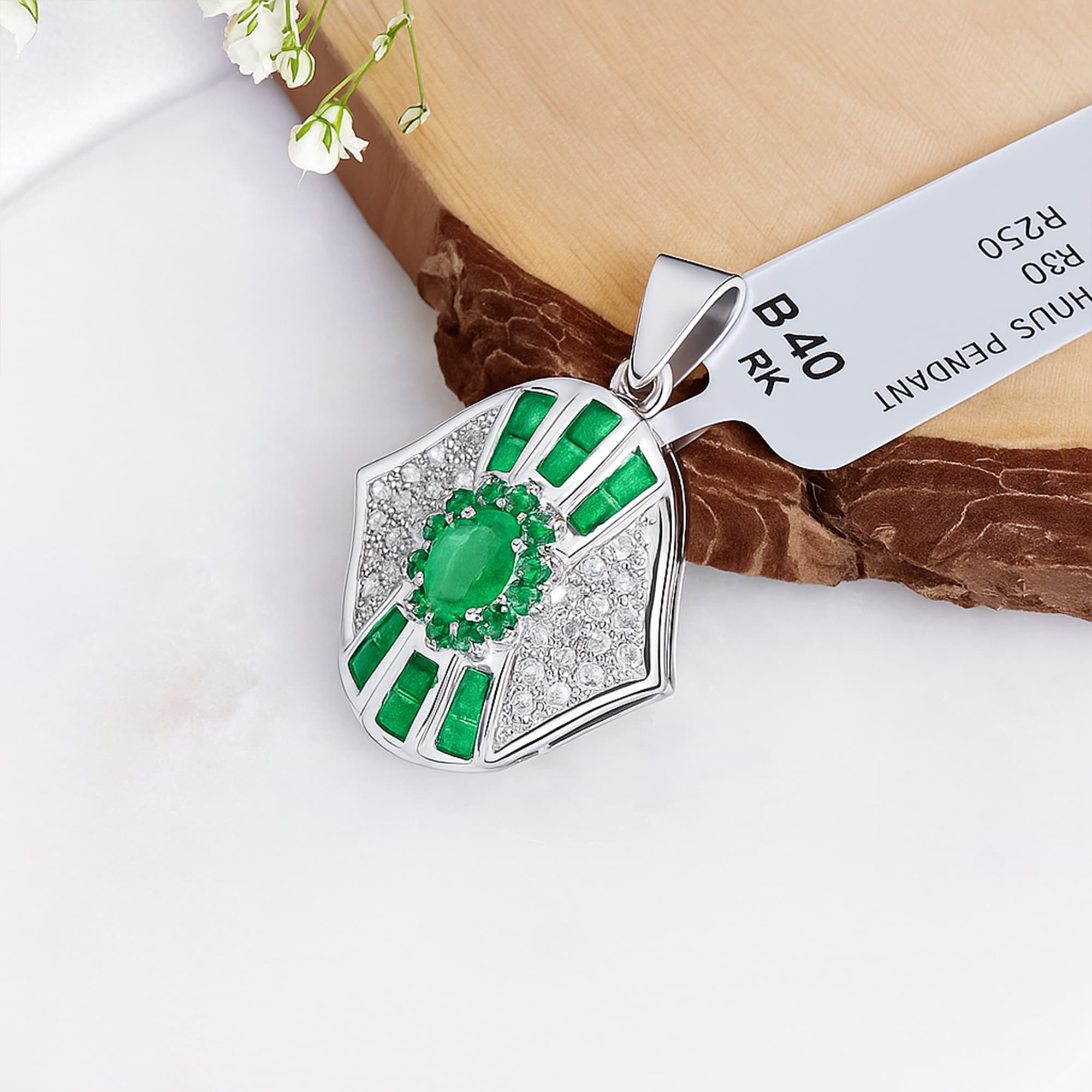 Emerald Diamond Shield Halo Pendant alternate view