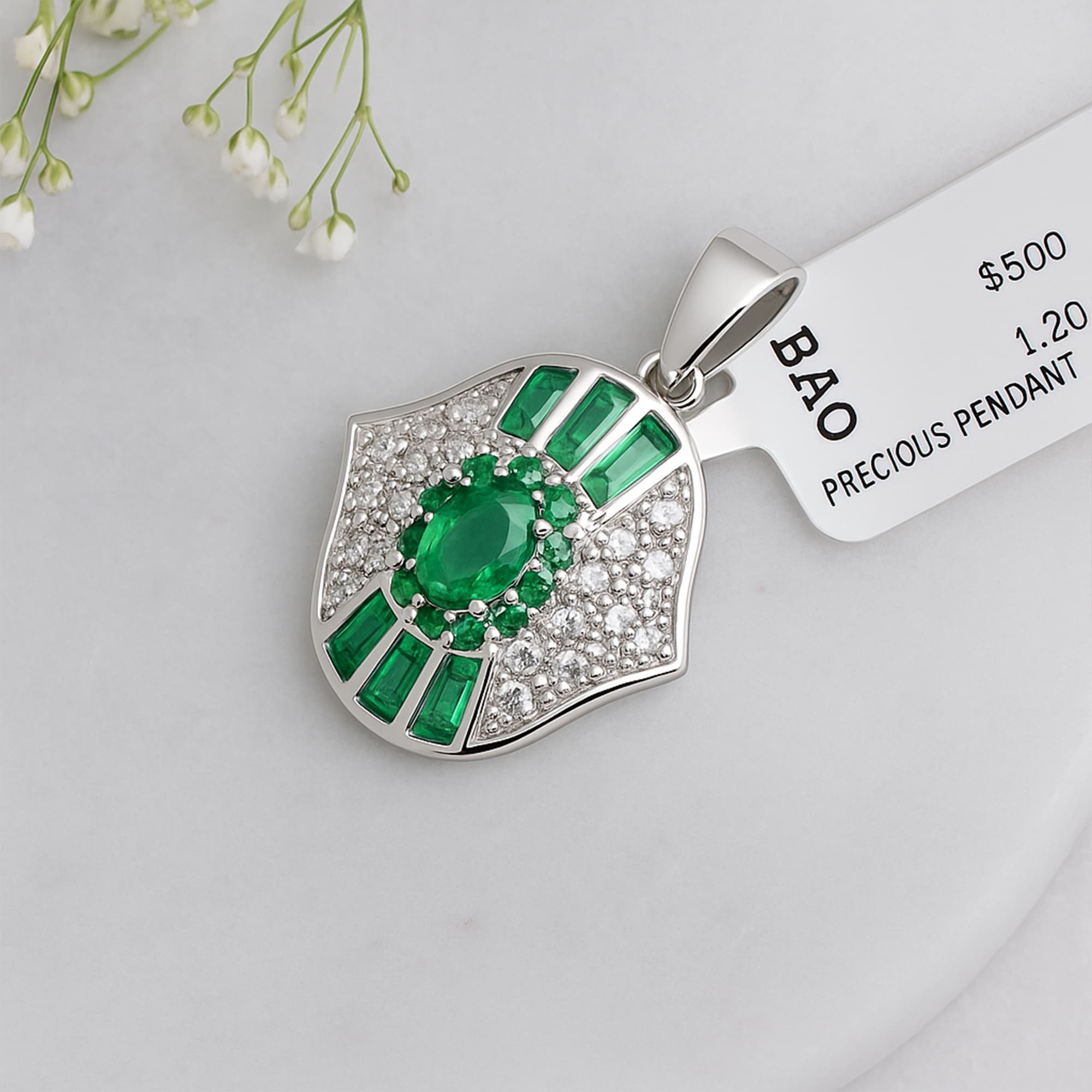 Emerald Diamond Shield Halo Pendant