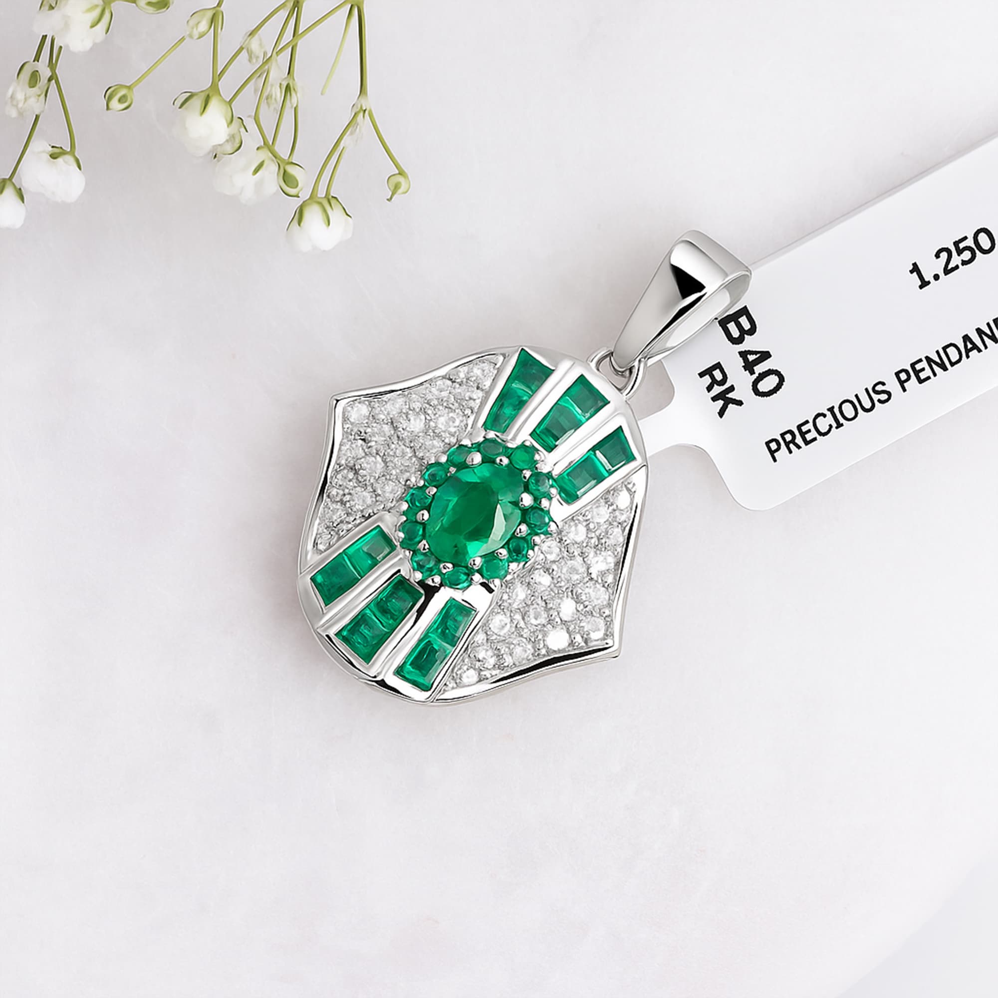 Emerald Diamond Shield Halo Pendant