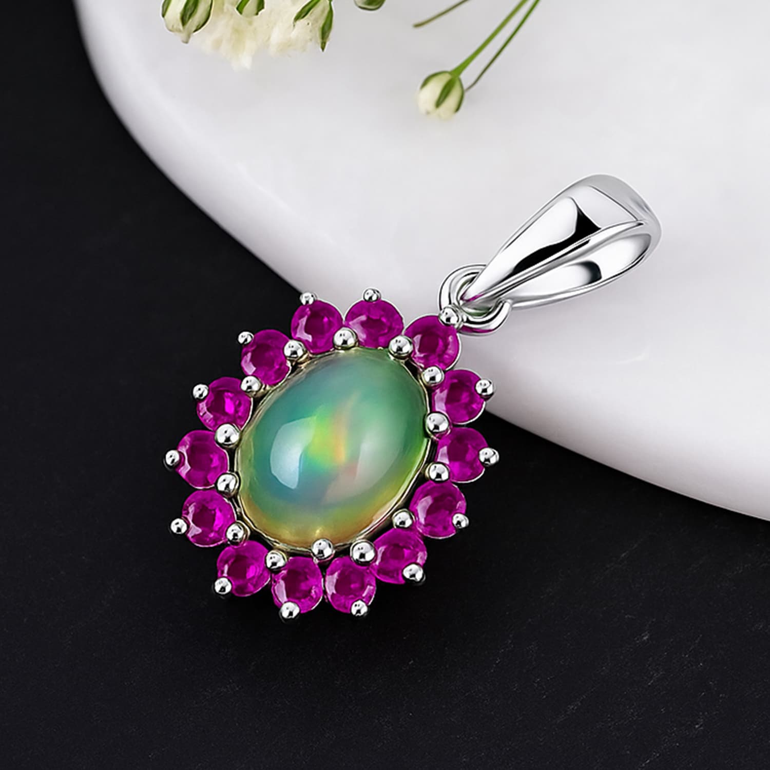 Opal Ruby Floral Halo Pendant