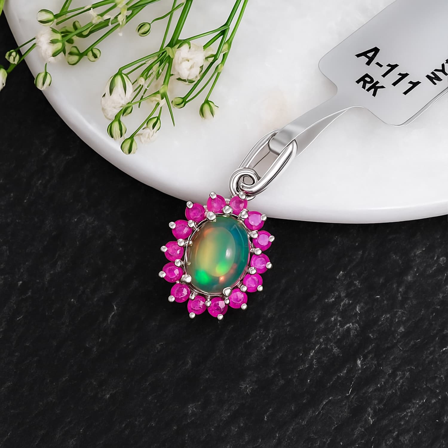 Opal Ruby Floral Halo Pendant