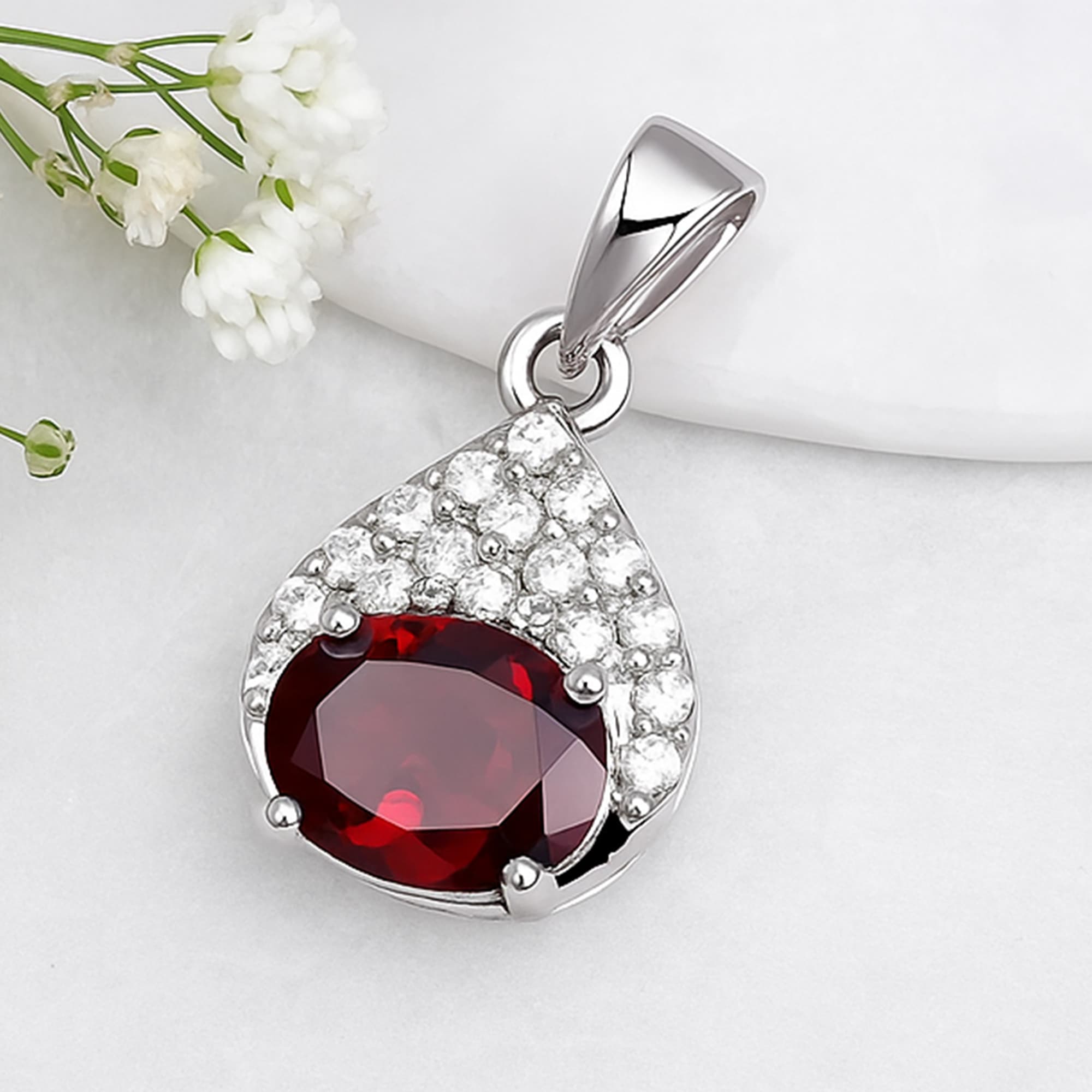 Crimson Elegance Garnet Halo Pendant