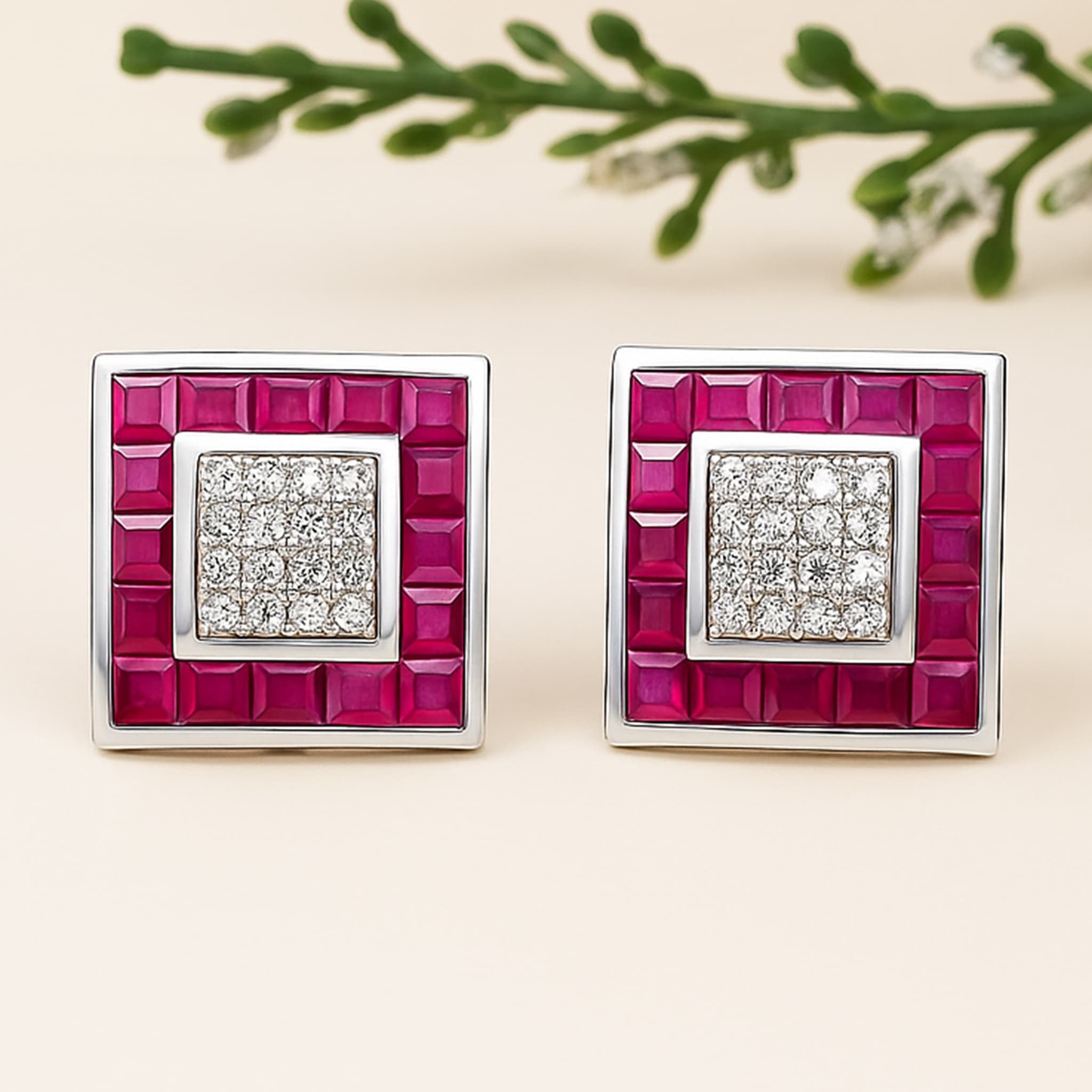 Ruby Diamond Square Stud Earrings