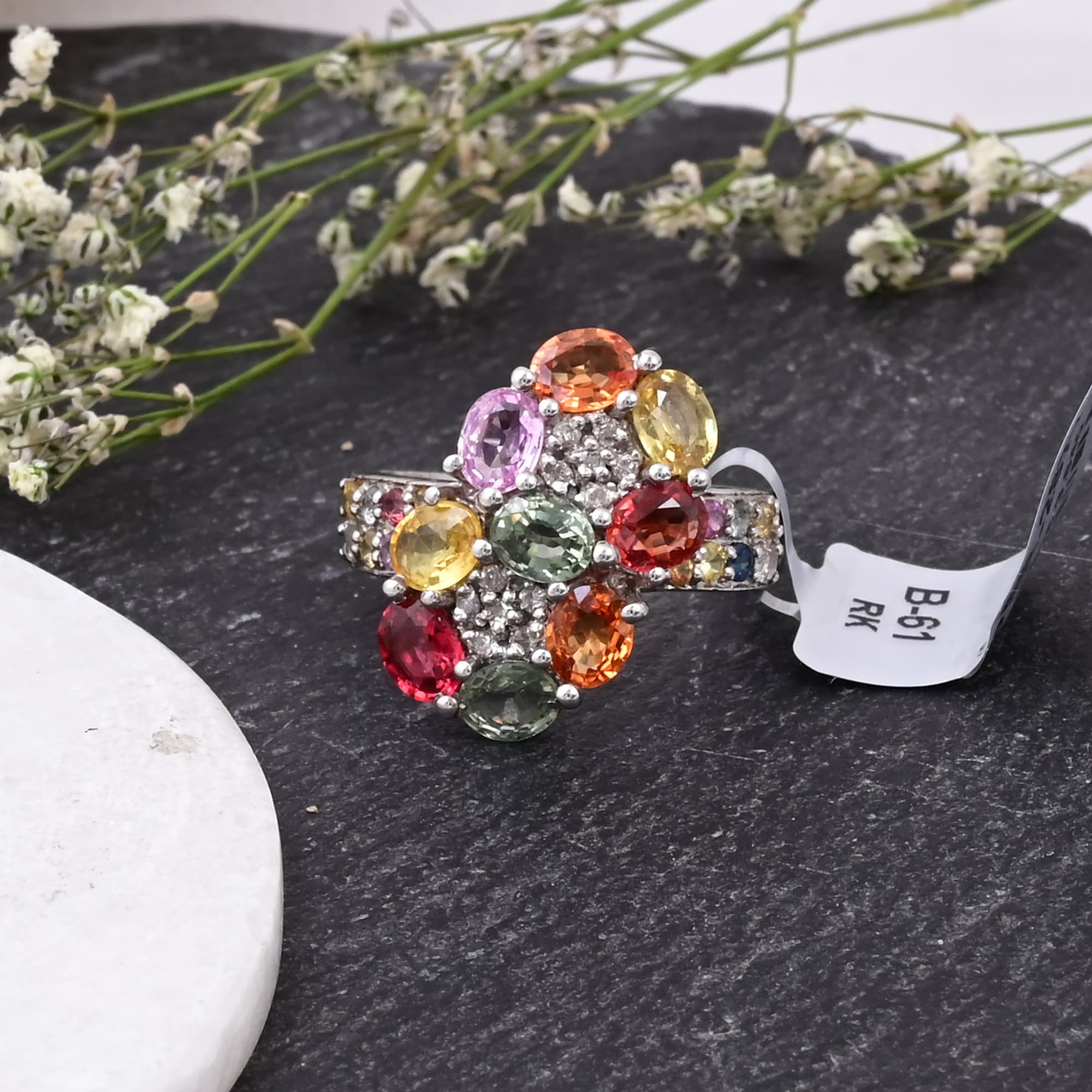 Rainbow Blossom Sapphire Flower Ring
